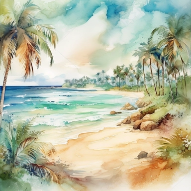 a luch tropical beach scene featuring an ocean cay surrounded by palm trees and lush vegetation in watercolor with warm pastel colors of blue and green for clipart