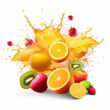 tropical fruits with splashes of juice on white background. Clipart