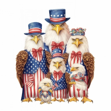 digital clipart, solid white background, a realistic family of golden patriotic eagle wearing 4th July apparel