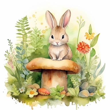 Cute bunny in a whimsical garden, watercolor by Cicely Mary Baker, clipart, solid background.