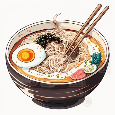 an bowl of japanese ramen, anime art, authentic ramen, white background, clipart
