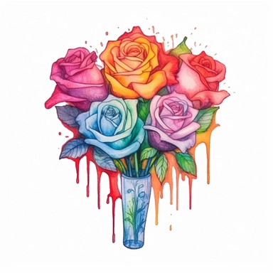 pride, rainbowcore, watercolor tattoo design of rose bouquet flower color art watercolor drip in transparent overlay, in the style of vibrant spectrum colors, white background, color gradients, chalk art, whimsical yet eerie animal symbolism, vibrant murals, hand-coloring watercolor clipart, white background