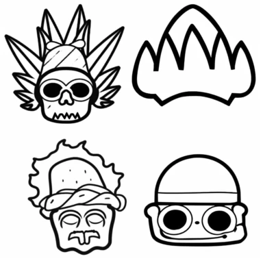 a set of black line clipart inspired by fast food and vampires and muppets and Funko Pop toys