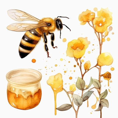 Watercolor Honey Bee Clipart, spring garden bee and honey drips clip art