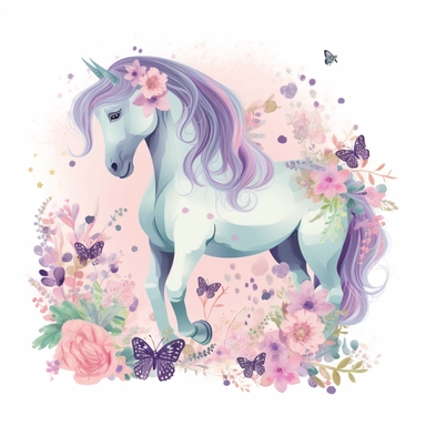 A horse clipart design for girls with a soft and girly color palette of pastel colors like pink, purple and blue to create a dreamy atmosphere. The horse itself is majestic and has a long flowing tail and mane that move in the wind. Flowers and butterflies surround the horse and give the design a romantic touch