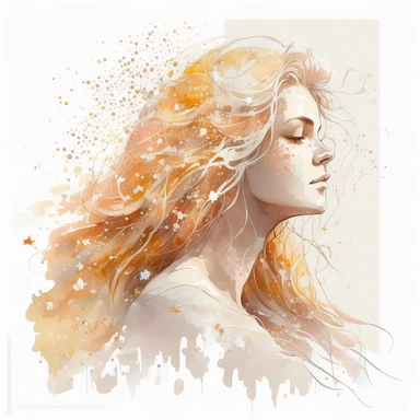 A fairy with a golden hair, portrait, glitter around, white, gold, glitter, fantasy, realistic illustration, watercolor, by Dinara Mirtalipova, by Disney, bright and airy Colors, concept art, white background, clipart