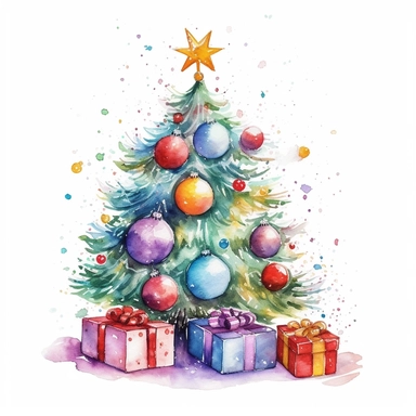 watercolor christmas tree with baubles and gifts, bright tree lights, vibrant colors, add glitter, clipart image, on a white background