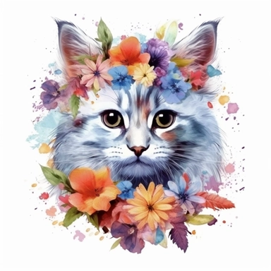 Beautiful colorful kitten on flowers, summer vibes, hand drawing digital art, clean design, sublimation, colorful, watercolor style, white background, 4K, extremely detailed, clipart