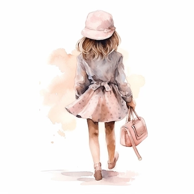back vuew adorable little fashion girl dressed in Louis Vuitton style, full body, pastel colors, clipart style, accurate details, oil painting technique, super high quality, professional watercolor clipart, high resolution