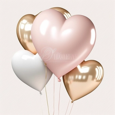 a bunch of 5 isolated rainbow pastel pink gold pearl hearts balloons with strings, plastercine, soft illustration light, clipart svg, Spotless white background with margins. Highly Detailed. Clip-art set. cut-out images. Realistic. white background 255:255:255