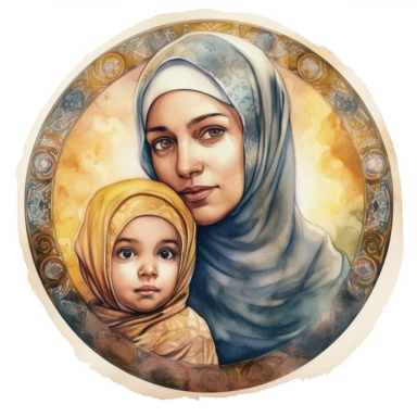 A portrait of a Muslim mother with her hijab carrying her child in her arms in a religious medallion watercolor clipart, realistic,high details, high quality