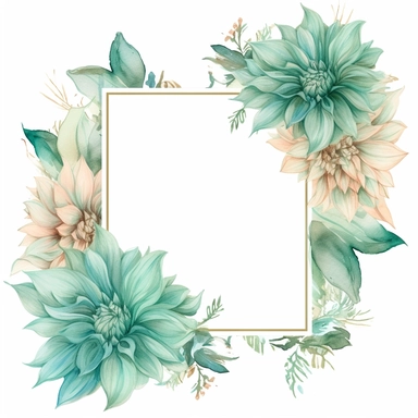 a floral frames made with teal and pastel teal Dahlia flowers, wet on dry watercolour style, antique look, clipart, white background