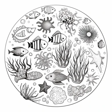 cute clipart of sea and ocean items, kids drawing for coloring book, separated and isolated in white background, simple outlines, black and white