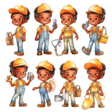 watercolor collection clipart boy construction worker with dark skin cute childish neutral colors on white background