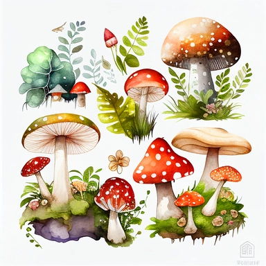 large, Watercolor graphic, Mushrooms Clipart - cute forest nature toadstool clip art, white background, landscape, clump of mushrooms, moss, woodlands