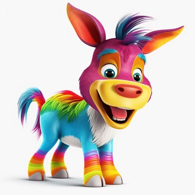 cartoon clipart, rainbow donkey, white background, clip art