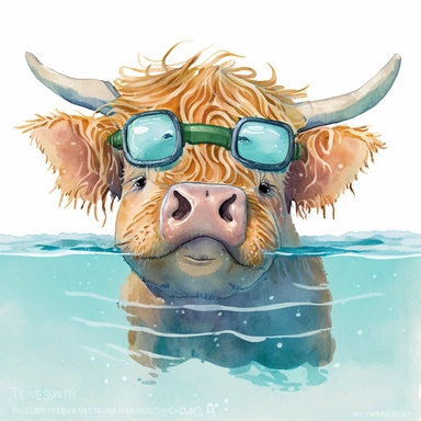watercolor clipart of a cute happy highland cow swimming in a beach wearing swimming equipment and goggles