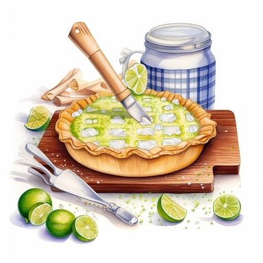 create a beautiful high quality high detail highly saturated watercolor clipart disney style illustration of a lattice style key lime pie being prepared, include rolling pin and baking tools, no text, no font, white background
