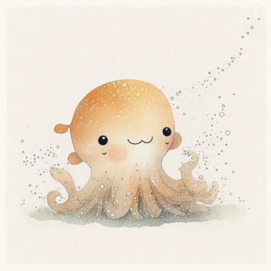 watercolor and pencil drawing of an an anthropomorphic baby chibi octopus, happy, gentle smile, beautiful watercolor ink wash coloring, thick pencil lines, Jon klassen, beatrix potter, popular on etsy, watercolor illustrations clipart, watercolor illlustrations for kids and children, plain white background