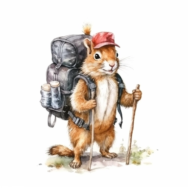 one squirrel holding a cane and carrying a backpack Watercolor clip art on a white background, in the style of charming character illustrations, realistic brushwork, detailed costumes, adventurecore, cottagepunk, handheld, wallpaper , no watermark, text, 300 DPI , typography, shapes do not stick together, no text in the picture, on a white background