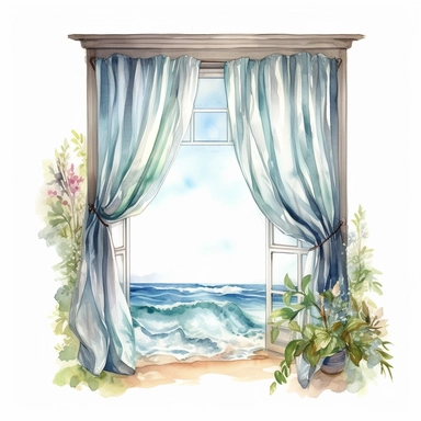 coastal window with flowing curtains in the breeze, very detailed and realistic, watercolor, white background with margins, clipart style