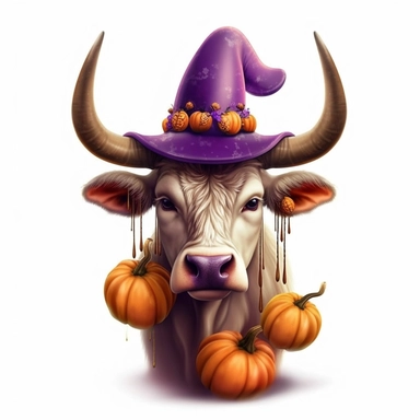 3D super realistic halloween Longhorn Cow with a witch's purple hat on his head among pumpkins clipart