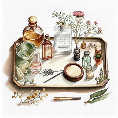 watercolor, hyper realistic, white background, white margins, 16k, ultra detailed clipart, cut out image, hand-drawn An antique-inspired vanity tray with vintage perfume bottles arranged on it, accompanied by a mirror, a brush, and other beauty accessories. Use soft and muted colors such as brown, sienna, beign, and sage green for a vintage-inspired palette