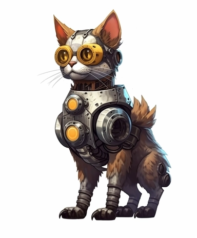 clipart Steampunk cat art by jackylouise, cyberpunk realism style, futuristic robots, comic art, pixelated realism, uhd image white background