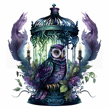 Gothic style Magical Owl a magical cage with watercolor effect,victorian style candlestick,fantasy scene, suitable for digital clipart,dark colours,purple color,blue color,green color,white background