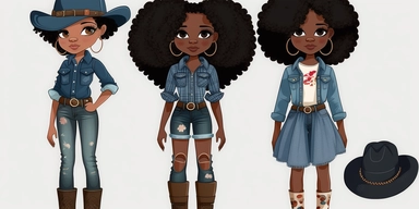 Denim girl clipart, cowboy hat, wearing black knee high boots, Denim clipart, Fashion girl clipart, Jeans Girl Clipart, African American clipart, Afro girls clipart--seed 2829693263,