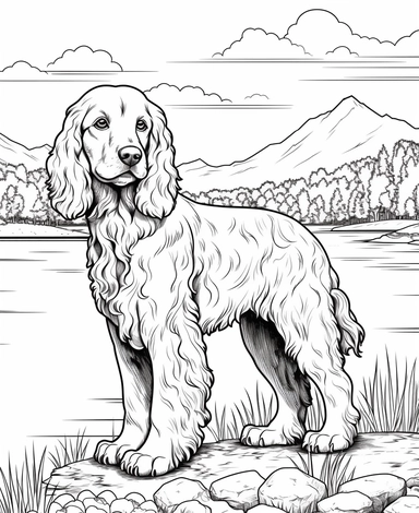 expert coloring page style illustration of ultrarealistic Cocker Spaniel Dog breed Clipart, simple lake background, simple line art, line is crisp and clean, easy to color