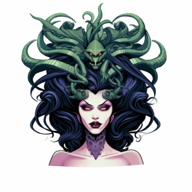 2d thick-lined disney clipart illustration of the head of medusa with snakes, white background