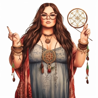 boho plus size woman, fair skin and dark hair, modern, semi-realistic, spiritual, witchy, clipart, fantasy, white background, high quality, beautifully accurate illustrations