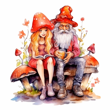 Watercolor magical gnome couple sitting on a toadstool, watercolor clipart on white background, vivid colors, enchanting scene clipart on a white background in the style of feminine sticker art, Tanya Shatseva, storybook illustration, red, white and caramel tones, Georgia O'Keeffe, colored line art, colored outlines, cottagecore design, watercolor on white background, crisp tones, sticker outline, colored line art, colored outlines, iridescent ombre, gradient shading, pure tone, vibrant digital 