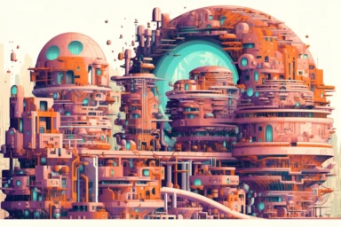 a close up of a infinite loop cyberpunk city on a white background, james gilleard and james jean, escher, trending on artisation, connectedness, scutoid, mit technology review, by Sam Spratt, dan mcpharlin : : ornate, wormholes, tetris, monolithic, stylized stl, clipart icon, simple 4 colors from gray to metalic blue, vector-based, sharp border, plane color and very define, high quality, digital art, 8k resolution, masterpiece, congruent, amazing, incredible, awe-inspiring, mind-blowing, master