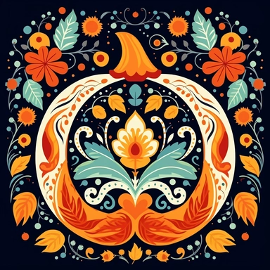 Design a pumpkin clipart inspired by folk art and folklore, where each section depicts a different cultural pattern associated with the autumn season. Explore patterns like paisley, rosemaling, or geometric motifs that symbolize harvest traditions and folklore from different regions.