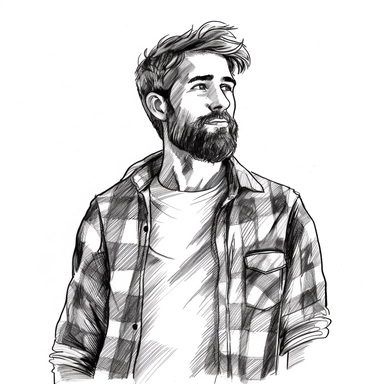 Man in flannel shirt, natural pose, black line drawing, Clipart