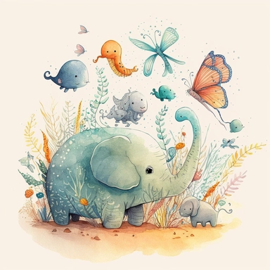 children's book illustration of animals playing, smooth watercolor details, in the style of Pixar, superb color, outline, nursery art, popular on pinterest, clipart, trending on artstation, minimalist, flat design, white background, insane deails, intricate details 3587482474