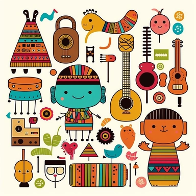 black and white collage toys and music instruments for kids inspired by inca and maya art innocent illustration design only for kids vector flat clipart 2d funny for nursery decor lineart solid colors white background only