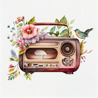 Vintage old radio ( a little floral, bird on radio) watercolor clipart