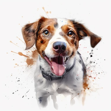 cute Polish Hunting Dog dog portrait, full face, centered shot, side shot, dynamically posed, in action, playful mood, happy mood, playing mood, cute face, adorable smile, childlike eyes, clean watercolor illustration, white background, nursery baby imagery, painting, detailed, 8k, PNG, clipart,