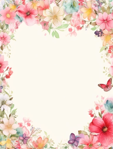 frame for poster, narrow vignette along the sides and the corners of the picture, little cute wild bright clipart flowers like hearts vignette, soff pastel blank center of the picture,