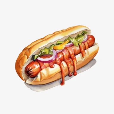 hotdog watercolor clipart, white background, neutral muted colors, high quality, hyperrealistic, detailed, vintage, picnic