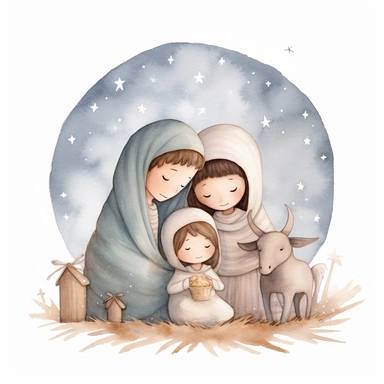 A watercolor painting of a cute nativity with Mary and Joseph, Christmas, cute detailed digital art, inspired by nicoletta ceccoli, by Kubisi art, whimsical and cute, by nicoletta ceccoli, cute detailed artwork, glimmering, adorable and whimsical, whimsical art, Clipart style, png style, svg style, blank white background, a solid white background