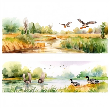 watercolor hunting scene in forest or fields with lake in vicinity where duck flocks take off in numbers , illustrations clipart set, simple, , cartoon elements ,different variants , natural elements, separate elements with a margin, ,4k, high resolution, , natural colors, vibrant green tones, birds and ducks