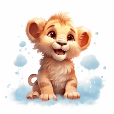 cute baby lion with a smile on its face, soft color, HD, cartoon image, on white background, glowing eyes, sitting on a clouds, on white background Clipart,Cartoon, hyper realistic, intricate detail, illustration style,high solution,on the white background