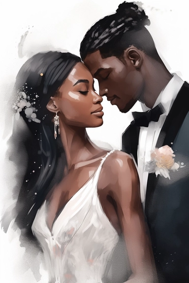 Black skin bride in a white wedding dress with diamonds and with beautiful jewelry, long beautiful hair, beautiful lips and long eyelashes glamour and the groom in a tuxedo smile watercolor clipart