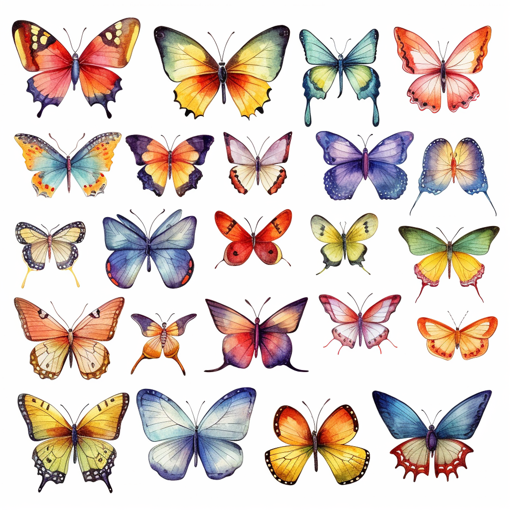 Insect illustrations, various butterflies, watercolor clipart with ...