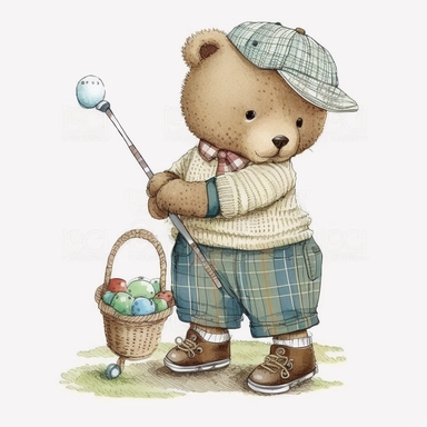 cute Teddy Bear playing golf and wearing vintage golf summer clothes Illustration, Sublimation graphics, by Beatrix Potter, Watercolor clipart, single design, white background