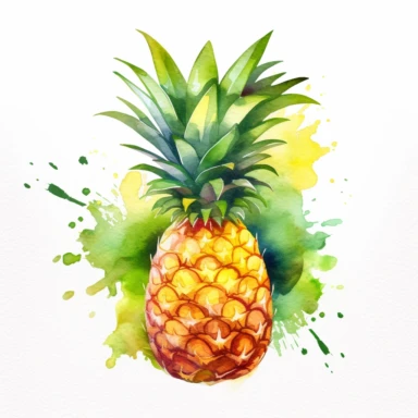 Create a colorful clipart of a pineapple with a plain, high-contrasted background in a gentle watercolor style. The pineapple should be depicted with a bold outline and filled with a range of golden yellows and rich greens, capturing the texture and asymmetrical shape of the fruit. Add a subtle watercolor wash to the background in a complementary color to make the pineapple pop. The final result should be a charming and playful piece that's perfect for use in a variety of projects, from branding